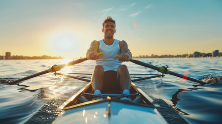 A man is rowing a boat on the water with great diligence. Academic rowing. The sun is setting in the background, creating a warm and peaceful atmosphere. Sports conceptの素材
