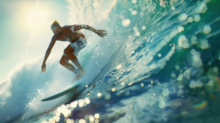 A surfing competition on a sunny hot summer day. An athletic athletic man rides a surfboard on a wave in the ocean. The water is blue and the sun is shining brightly. The concept of active extreme sports and a healthy lifestyleの素材
