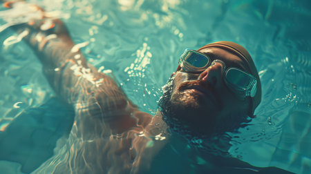 A confident, focused, athletic man in a swimming pool in a cap and swimming glasses is swimming on his back. Swimming competition in the pool. The concept of an active healthy lifestyle.の素材