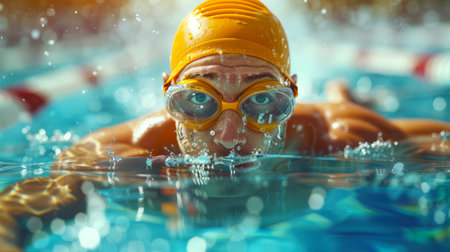 A man in a yellow swimming cap and goggles swims in the pool. The water is lapping around him and he is focused on his strokes. Training in the pool. The concept of determination and focusの素材
