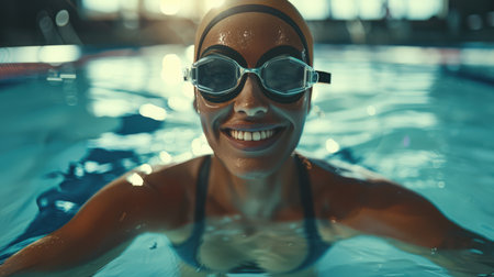 Swimming competitions in the pool. An athletic smiling woman in swimming goggles, a beanie and a sports swimsuit swims in the pool. The concept of active sports.の素材