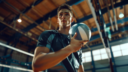 An athletic, confident, focused man in a sports uniform holds a volleyball ball in his hand. He's getting ready to pitch the ball. Indoor volleyball practice. Sports conceptの素材