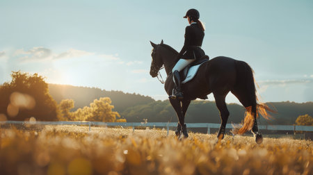 Horseback riding. A woman in professional riding gear rides a horse across a field against the backdrop of a beautiful sunset. The concept of a sports competition. An active lifestyleの素材