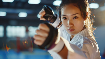 A young Asian woman in a white karate uniform is preparing to strike at her opponent. She is focused and determined, not taking her eyes off the opponent. Martial arts. A sports concept. Active lifestyleの素材