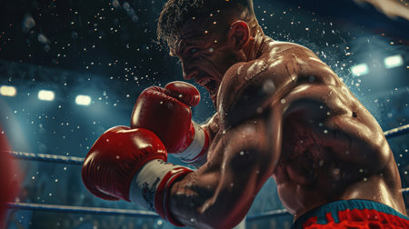 A professional white muscular boxer in red gloves is in the middle of a boxing match, his opponent is cornered. The scene is intense and dramatic. A sports competition. The concept of an active extreme sport.の素材