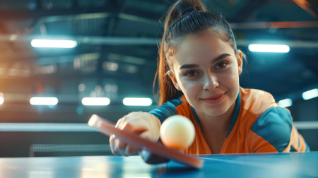 A young beautiful woman is playing ping pong and smiling. Table tennis competition. She holds a racket in her hands and is about to hit the ball. The scene is fun and energeticの素材