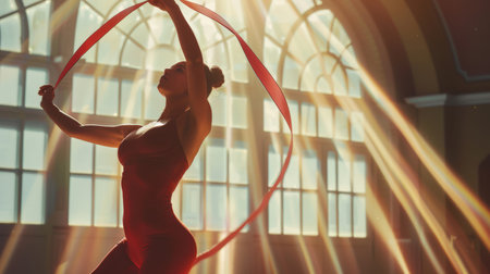 A beautiful young woman in a red suit is doing rhythmic gymnastics with a red ribbon. The image is filled with a bright and energetic mood, the sun shines through the windows and casts a warm glow on the womanの素材