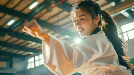 An Asian woman in a white uniform smiles and prepares to strike an opponent. The concept of martial arts training. Judoka and karateka in competitionの素材