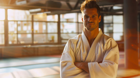 A male judoka in a white karate uniform stands in the gym with his arms crossed over his chest. He is smiling and confident. A master of sports or a coach. Martial Arts sports competitionの素材