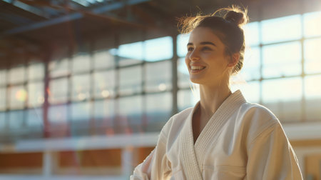 The concept of sports. A candid portrait of a happy smiling female judoka in a white kimono. Judo or taekwondo. A sports competition. The scene looks happy and relaxed.の素材