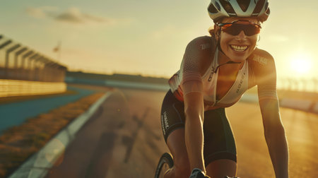 Road racing. A woman in a protective helmet, sunglasses and a stylish cycling suit rides a bike with a smile on her face. The sun is shining brightly, creating a warm and cheerful atmosphereの素材
