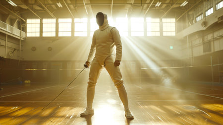 A man in a protective fencing suit stands in a dimly lit room with a rapier in his hands. Fencing is an Olympic sport. An active lifestyle. The scene is mysterious and tenseの素材