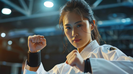An Asian female kickboxer in a white uniform is preparing to strike an opponent. A karate or taekwondo sports competition. An active lifestyle.の素材