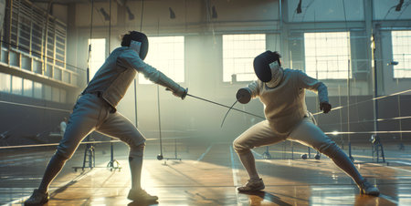 Fencing competitions. Two men in full fencing gear are fencing in the gym. The scene is intense and competitive. A sports concept.の素材
