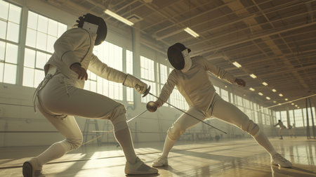 An international fencing competition. Two men in special protective suits are fencing in the gym. The scene is intense and competitive. The concept of an active lifestyleの素材