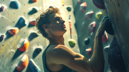 A sporty handsome young man climbs the wall of a climbing wall. Rock climbing training. A sports concept. Active lifestyleの素材