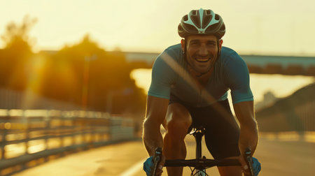 A man is riding along the road on a road bike with a helmet on his head. An Olympic sport. He smiles and enjoys what is happening. Active lifestyleの素材
