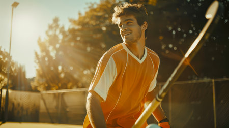 A man in an orange shirt holds a hockey stick for playing on the grass and smiles. The concept of happiness and enjoyment, since a man is most likely involved in a friendly game of field hockeyの素材
