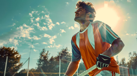 A man in an orange and white shirt is playing field hockey. He holds the club in his hands. An Olympic sport. The sky is blue, and trees are visible in the backgroundの素材