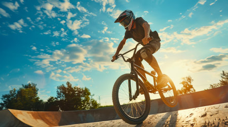 A man in a motorcycle helmet and knee pads walks along the ramp on a bmx bike from a skate park. A feeling of freedom and excitement when a man performs a trick on his bike. Bright blue sky with white clouds. A sports concept.の素材