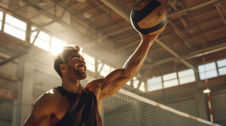 Workout. A man is playing volleyball and smiling. He holds a volleyball in his hand and prepares to serve. A sports competition. An active lifestyle. The scene is fun and energeticの素材