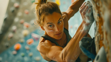 Training at the climbing wall. A serious, focused, athletic woman climbs up the wall in a climbing wall. She's wearing a black tank top and her hair is tied up in a bun. She makes great efforts to climb the mountain.の素材