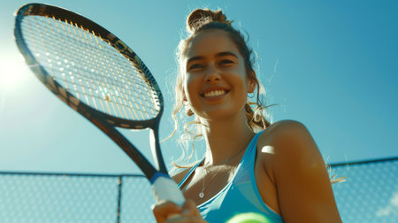 A smiling woman holds a tennis racket in her hands. The concept of happiness and enjoyment, as a woman has a great time playing tennis. Sports conceptの素材