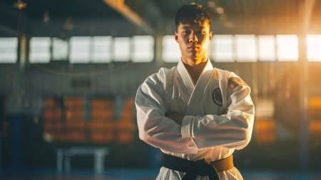 A karate or judo player. A candid portrait of a serious confident martial arts fighter. An Asian man in a white uniform is standing in the gym. He's wearing a black belt and his arms are crossed over his chestの素材