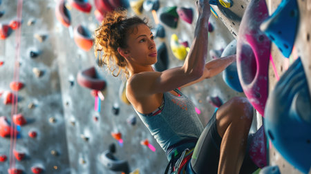 A focused, serious young woman climbs the stone wall of the climbing wall. Rock climbing. The concept of adventure and excitement as a woman actively engages in challenging physical activities.の素材