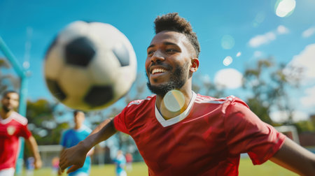 The football championship. A black man in a red T-shirt smiles while kicking a soccer ball. The idea of joy and excitement when a man is fully involved in the game and enjoys himselfの素材