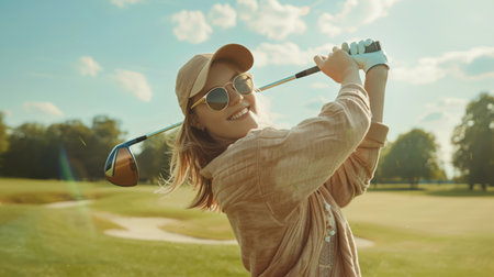 A young beautiful woman in sunglasses and a cap is playing golf. She is smiling and holding a golf club in her hands. The concept of an international sports event. An active lifestyle.の素材