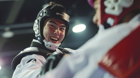 An Asian man in a black protective helmet and a white shirt is fighting with his opponent in a red helmet. A sports match. The concept of competition in martial arts.の素材