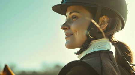 Close-up of a female jockey in a protective helmet riding a horse. Horseback riding. Olympic sports. Horse riding. An active lifestyle.の素材
