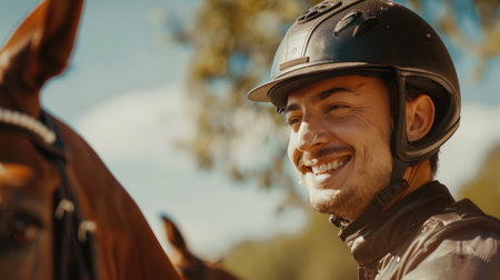 Horseback riding. Close-up of a candid portrait of a man in riding gear. He is sitting astride a horse. The concept of happiness and enjoyment when a man has a good time with a horse.の素材