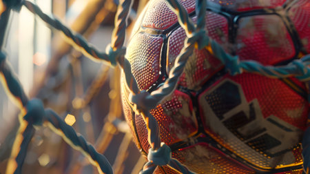 Handball competitions. A goal in a sports goal. The handball ball is in the net. The mesh is made of metal and covered with a web of threads. The ball is red and black, worn and battered by weather conditions.の素材