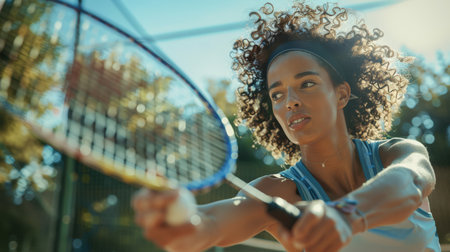 A beautiful woman with curly hair is playing tennis, holding a racket in her hands. She is focused and determined, ready to hit the ball. International tennis competitions.の素材