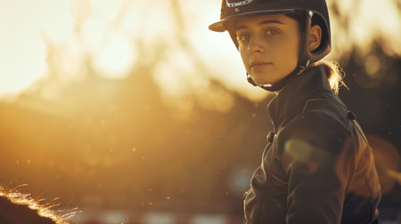 Horse riding. A young woman in a helmet and a black jacket is sitting astride a horse. The concept of adventure and excitement as a woman participates in equestrian events. Olympic sportの素材