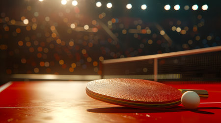 Table tennis competitions. A white ping pong ball lies next to a red racket on the table. The picture shows a sports ground with a crowd of people watching the gameの素材
