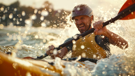 A canoe and kayak competition. Kayaking slalom. A man in a yellow life jacket and protective helmet is kayaking through rough water. He smiles and enjoys what is happening.の素材