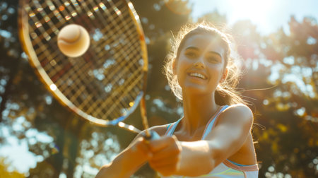 A woman is playing tennis and smiling. She is holding a tennis racket and trying to hit a tennis ball. The idea of joy and excitement when a woman enjoys her sportの素材