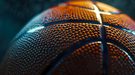 Close-up of a basketball with a brown and black pattern. The ball is in focus and the drawing is very detailed. Sports equipment. The concept of a basketball game or training session.の素材