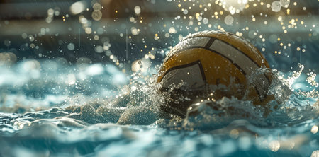 Sports equipment close-up. There is a yellow and white sports ball in the water. A water polo or water volleyball competition. A sports concept.の素材