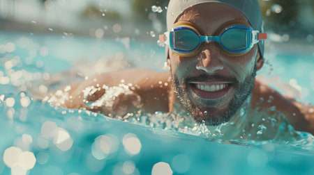 An unshaven, happy man in safety glasses won a swimming competition in the pool. He smiles and splashes water. The scene is fun and playful. A sports concept. Active lifestyleの素材