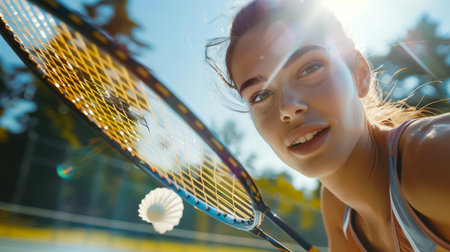 A young woman is playing badminton. She holds a badminton racket in her hands and beats a shuttlecock. The idea of joy and excitement when a woman enjoys her sport.の素材