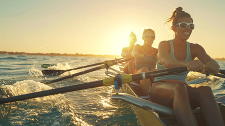 The sports team at the rowing competition. Women row a boat on the ocean. The sun is shining brightly, creating a warm and inviting atmosphere. Women smile and enjoy what is happening, turning it into a fun pastime.の素材