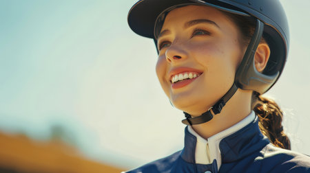 The jockey. Close-up candid portrait of a smiling woman in a black safety helmet while riding a horse. Horse riding competitions. A sports concept.の素材