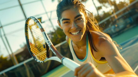 The concept of happiness and enjoyment, as a woman has a great time playing tennis. The woman is smiling and holding a tennis racket in her hands. Sports competitionの素材