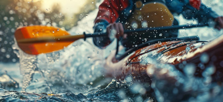 Canoeing and kayaking. An Olympic sport. Close-up of a man kayaking on the water. The water is stormy and splashing. An active lifestyle. Sports competitionの素材