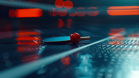 There is a red ball and a ping pong racket on the tennis table. The table is surrounded by a blurred background. An Olympic sport. An active lifestyle. Workoutの素材