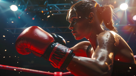 An athletic woman in red boxing gloves is standing in the ring. She is wearing a black T-shirt and is ready to fight. The concept of a boxing match. A sports competition. Active lifestyleの素材